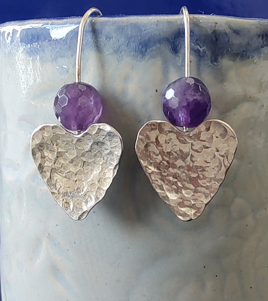 Zoe Ruth- Silver and Amethyst Hammered heart Earrings