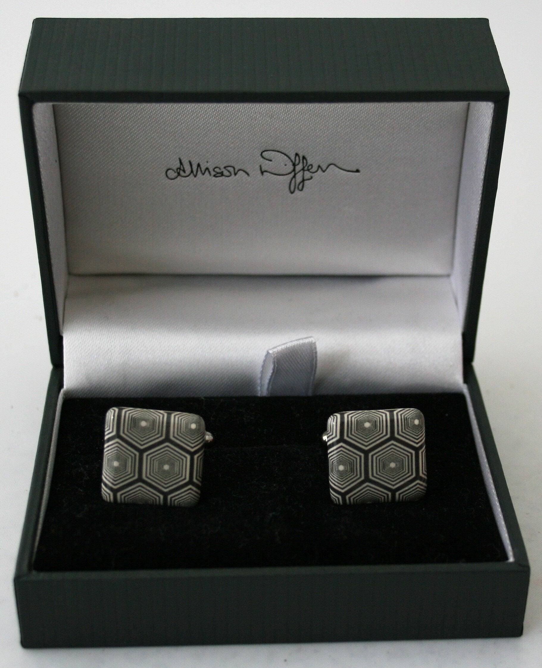 Allison Wiffen- Monochrome Concentric Hexagons Ceramic Cufflinks - Primrose Gallery and Framing 