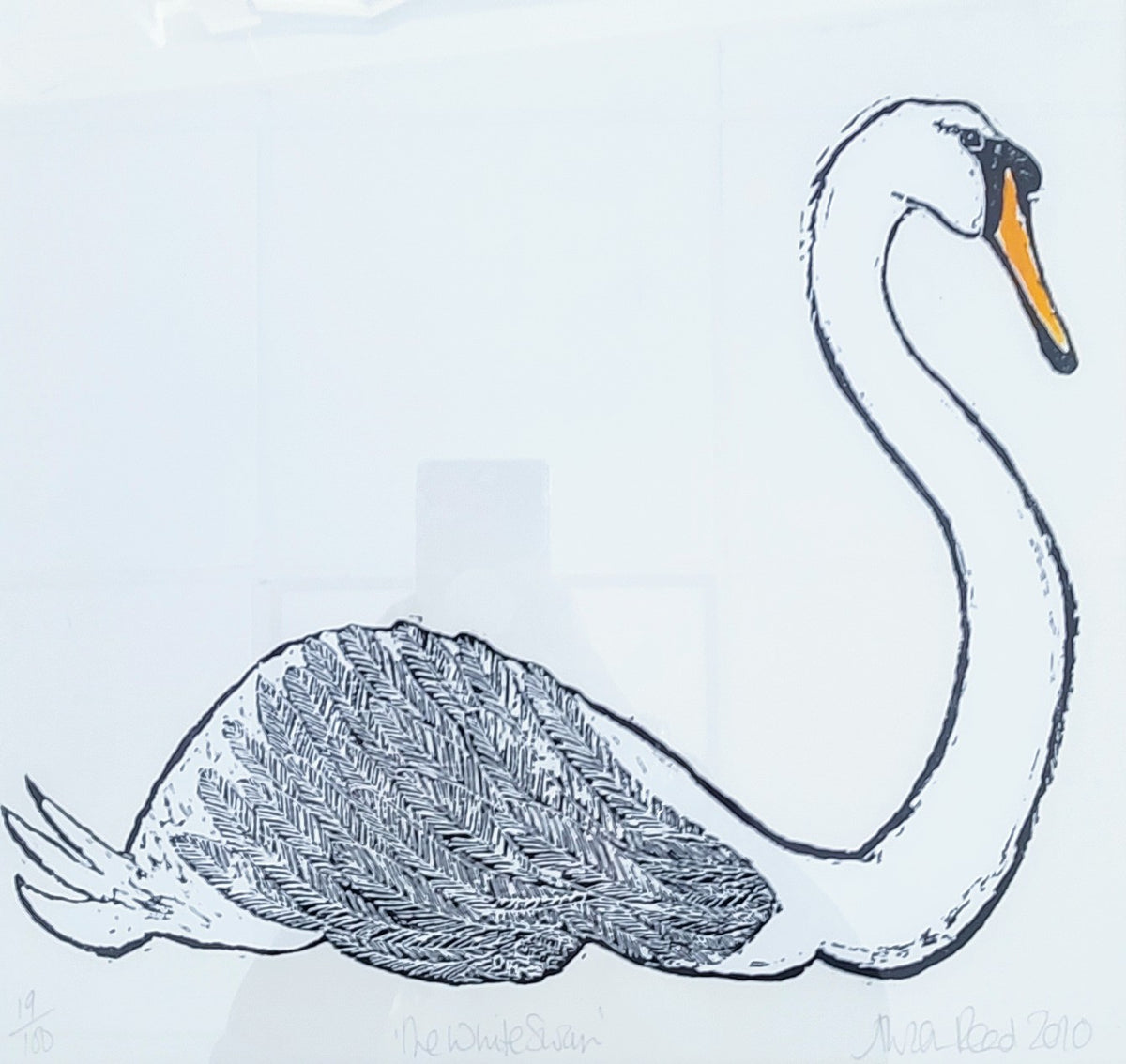 Alison Read- Limited edition Lino print of a white swan- "White Swan", Unframed Limited Edition Print