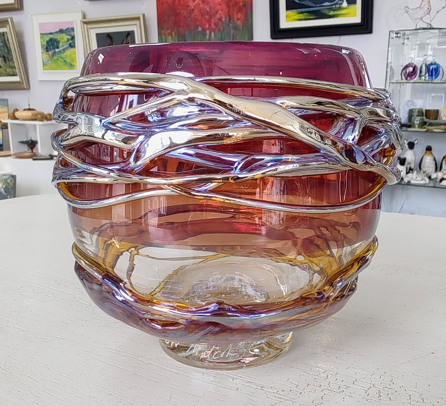 Allister Malcolm-Unique Glass Golden Trailing Bowl, Small Ruby Amber Hand Blown