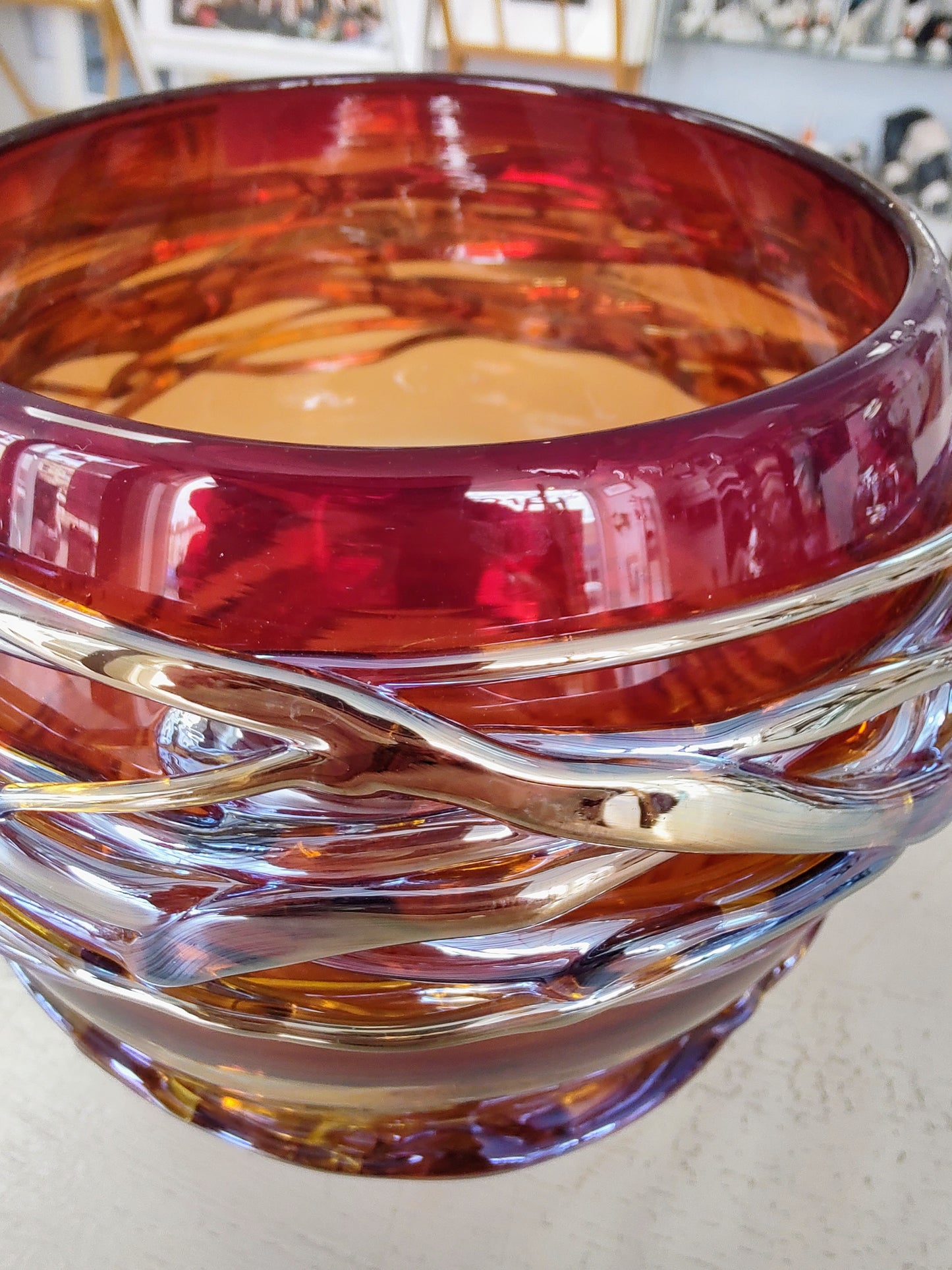 Allister Malcolm-Unique Glass Golden Trailing Bowl, Small Ruby Amber Hand Blown