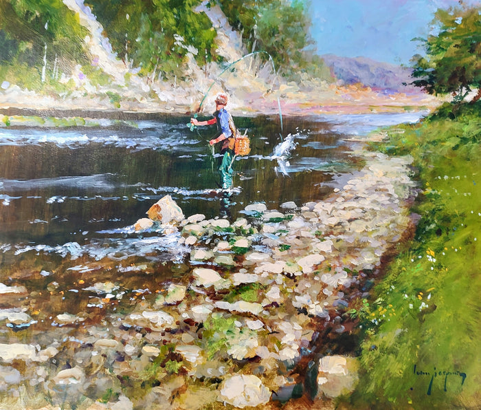 John Haskins art- 'Taking the Fly', Original Oil on Board, Framed