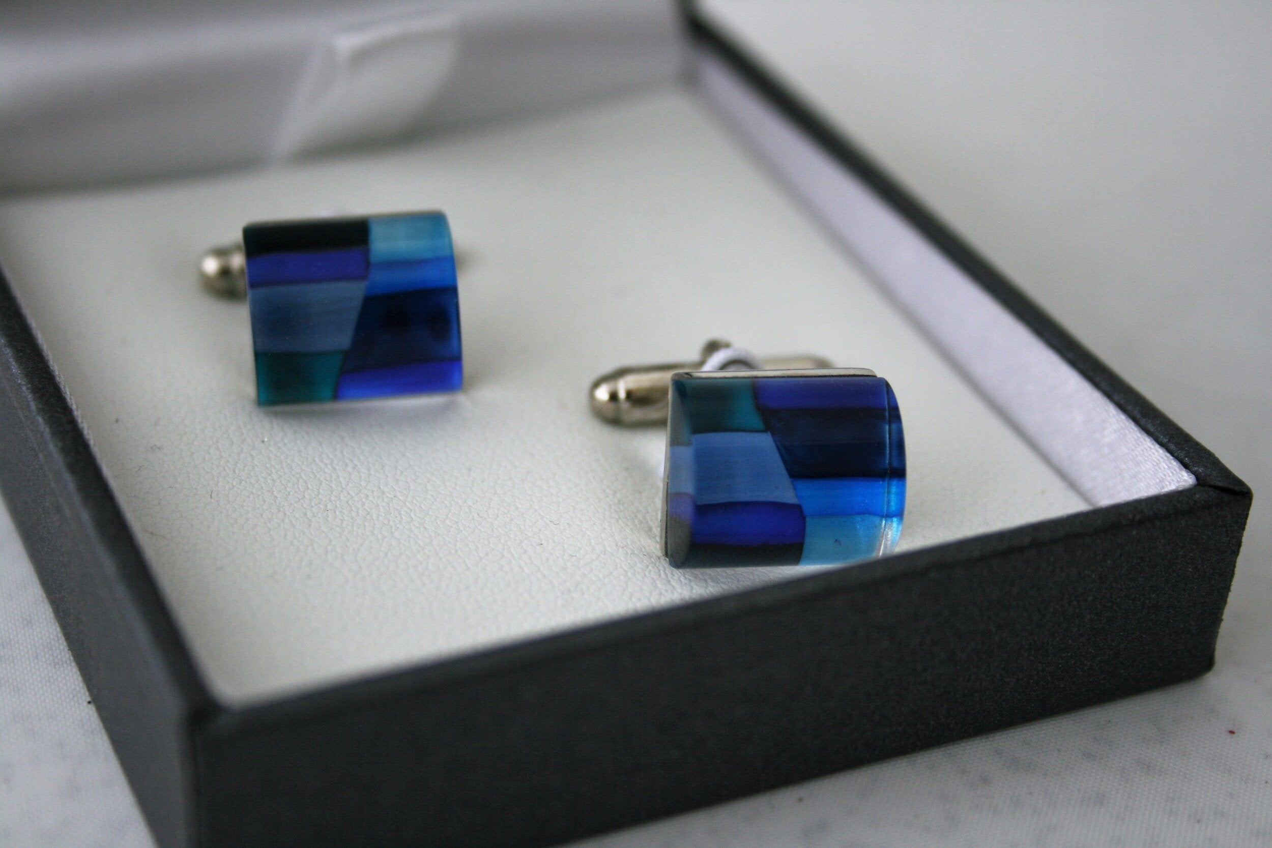 Rowena Park- Acrylic Cufflinks, Blue Squares - Primrose Gallery and Framing 