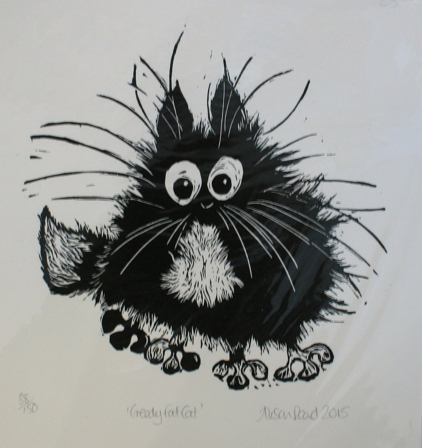 Alison Read-Lino artist - Print of spiky black cat- "Greedy Fat Cat"
