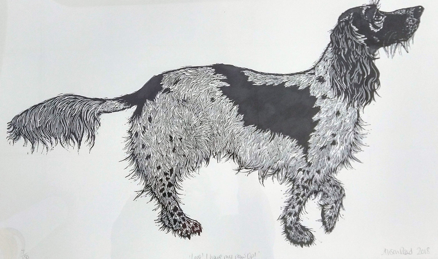 Alison Read- Original lino cut of a dog holding paw up-  "Look I Have My Paw Up"