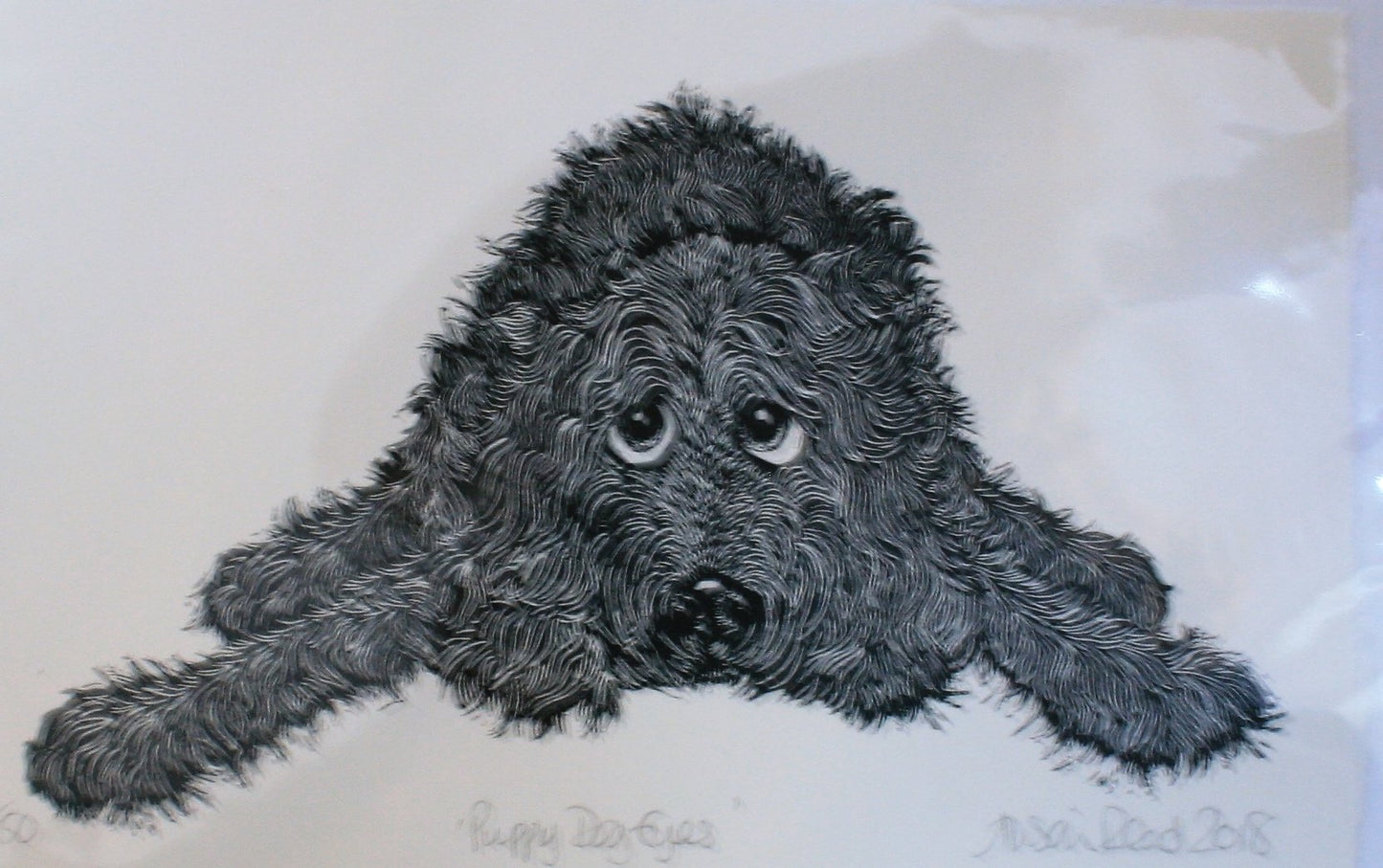 Alison Read -Original Lino print of a begging puppy- Puppy Dog Eyes