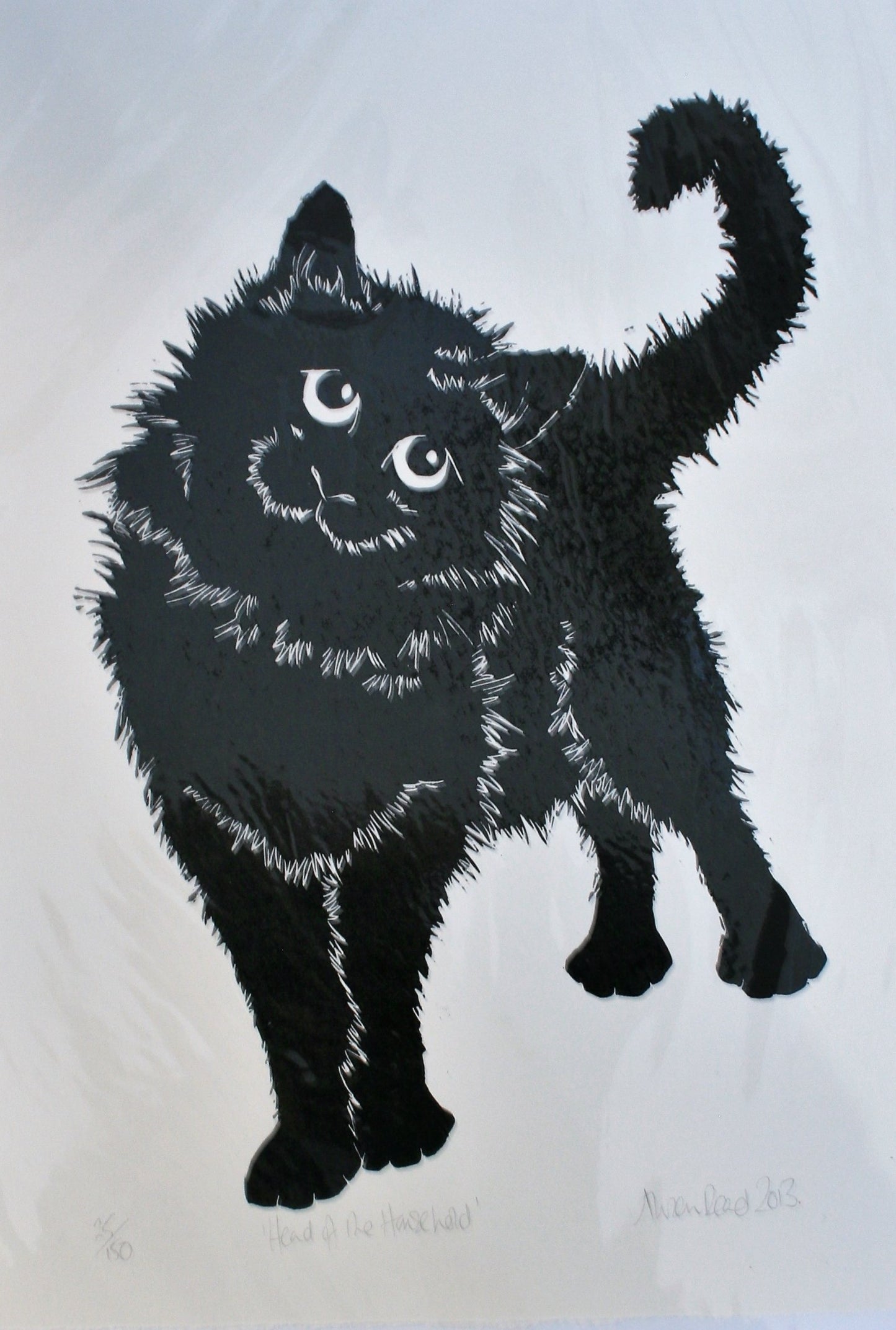 Alison Read - Original Lino Print of Bossy Black Cat -Head of the Household