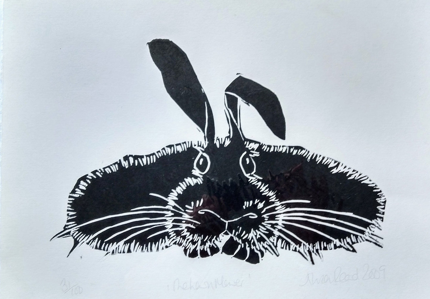 Alison Read - Original Lino print of a pet rabbit in grass- 'The Lawnmower'