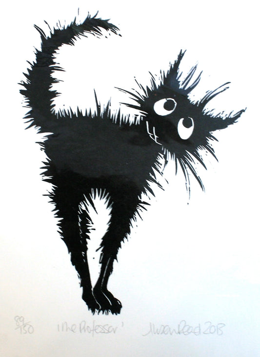 Alison Read - Lino Print of Funny black cat-  "The Professor"