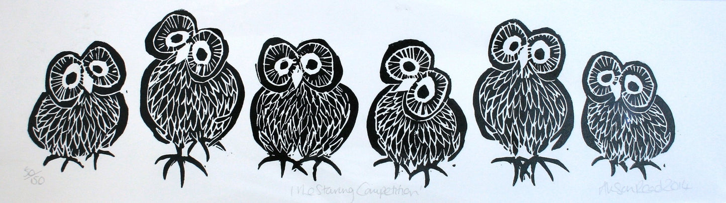 Alison Read -Lino print-  Grey owls in a line-  "The Staring Competition"