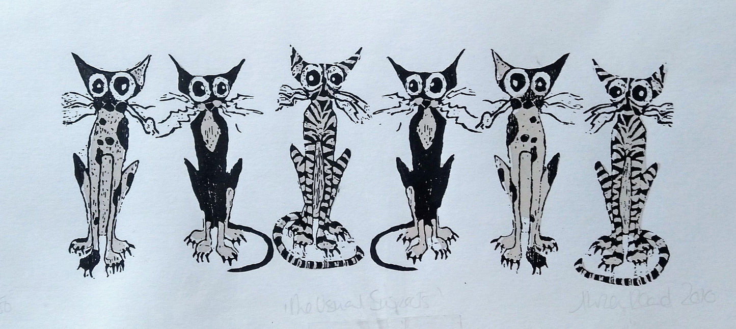Alison Read - Lino artist- Screen print of cats in a line- "The Usual Suspects"