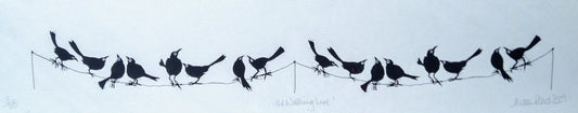 Alison Read - Lino artist- Black birds on a line- "The Washing Line"
