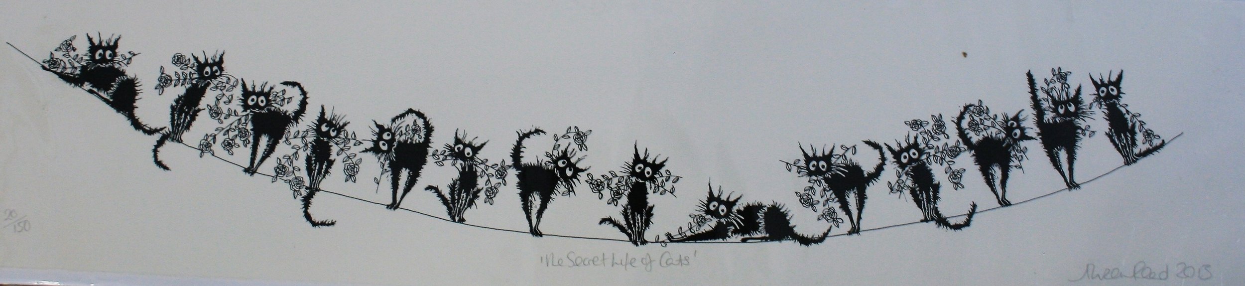 Alison Read -Lino artist- Silly cats standing on a line-"The Secret Life of Cats", Unframed Limited Edition Print - Primrose Gallery and Framing 
