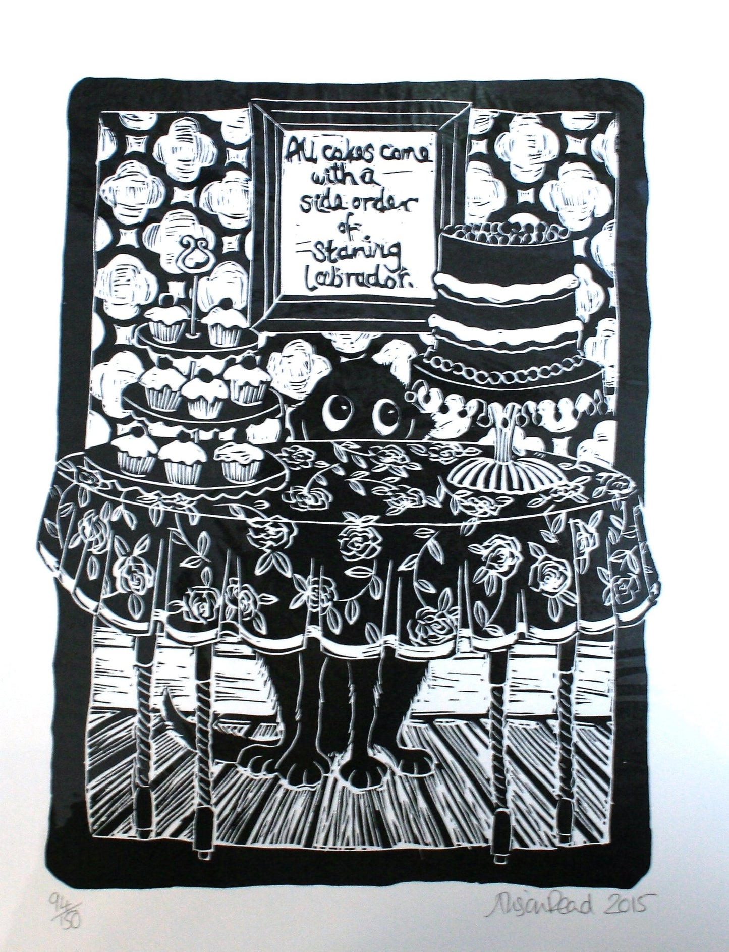 Alison Read -Black and White Etchings-  All Cakes Come With a Side Order of Starving Labrador