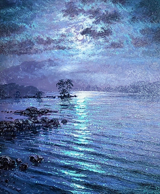 Andrew Grant Kurtis- Moonlight Reflection, Lakeland, Oil on Board of Moonlit lake