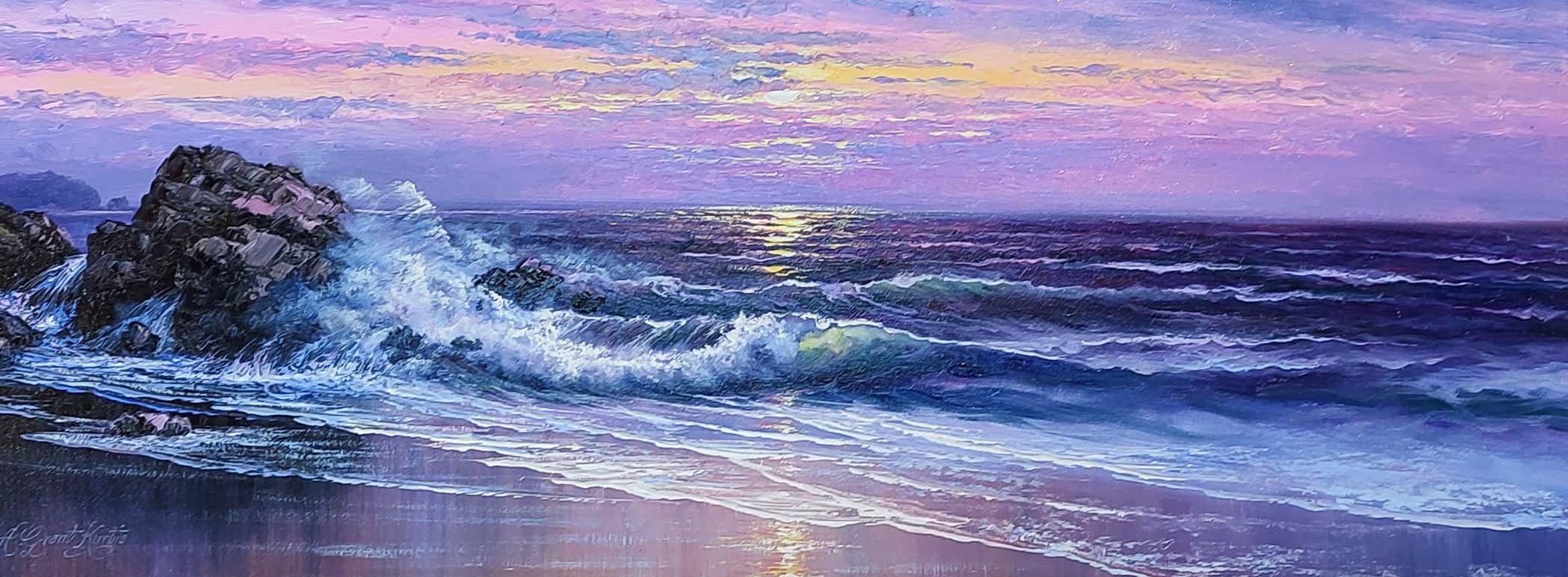 Andrew Grant Kurtis- Morning Breeze Across the Bay, Oil on Board of Coastal Sunset - Primrose Gallery and Framing 