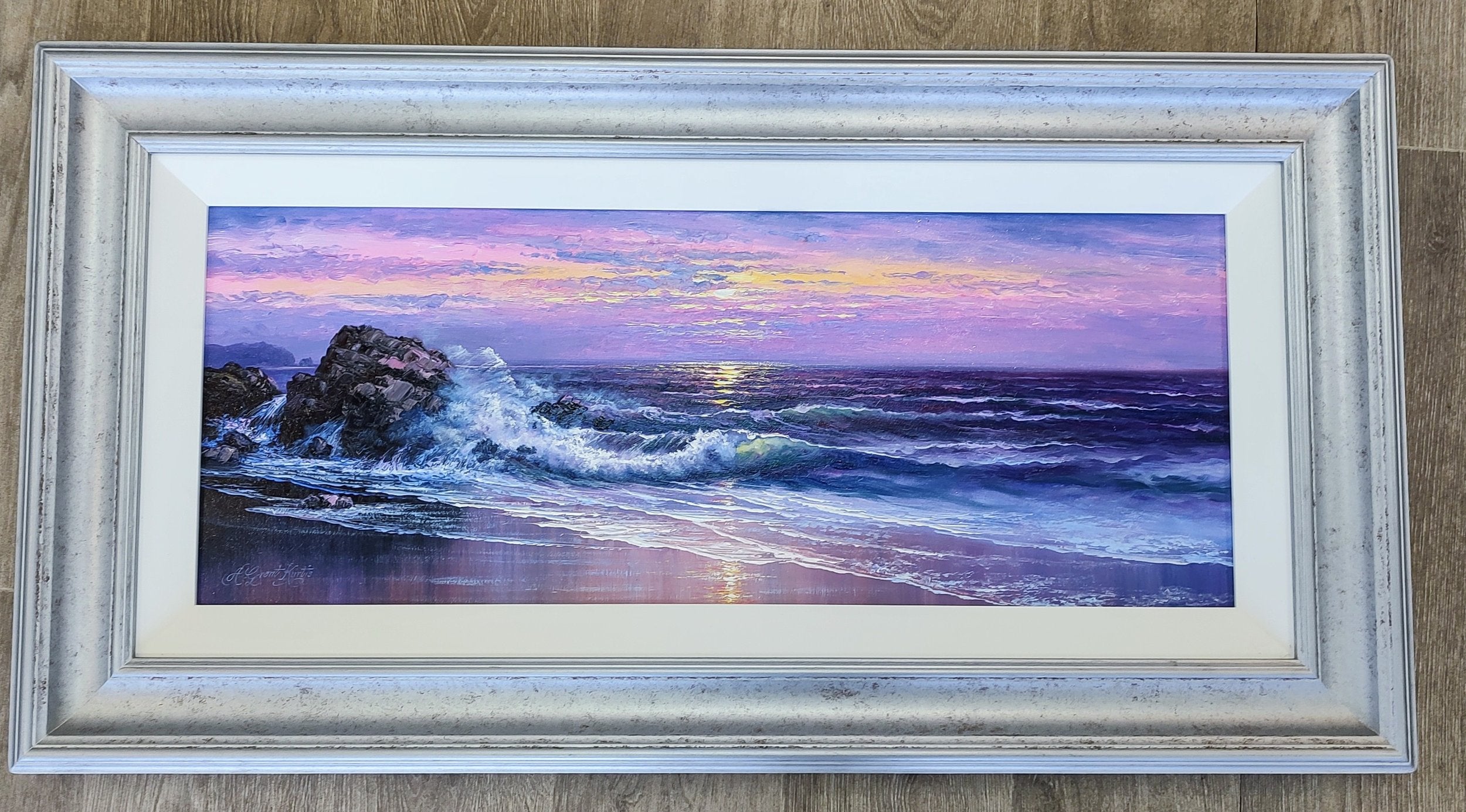 Andrew Grant Kurtis- Morning Breeze Across the Bay, Oil on Board of Coastal Sunset - Primrose Gallery and Framing 