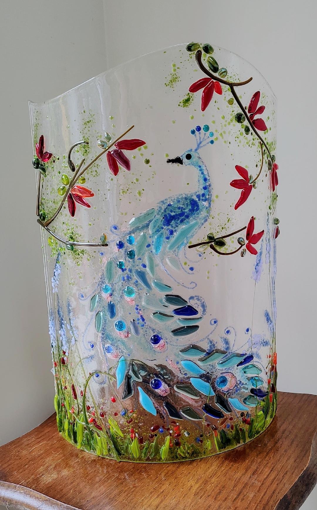 Fired Glass- Curved Glass Sculpture, Peacock - Primrose Gallery and Framing 