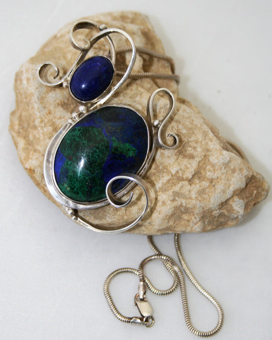 Helen West- Azutite and Lapis Lazuli Silver Swirl Pendant - Primrose Gallery