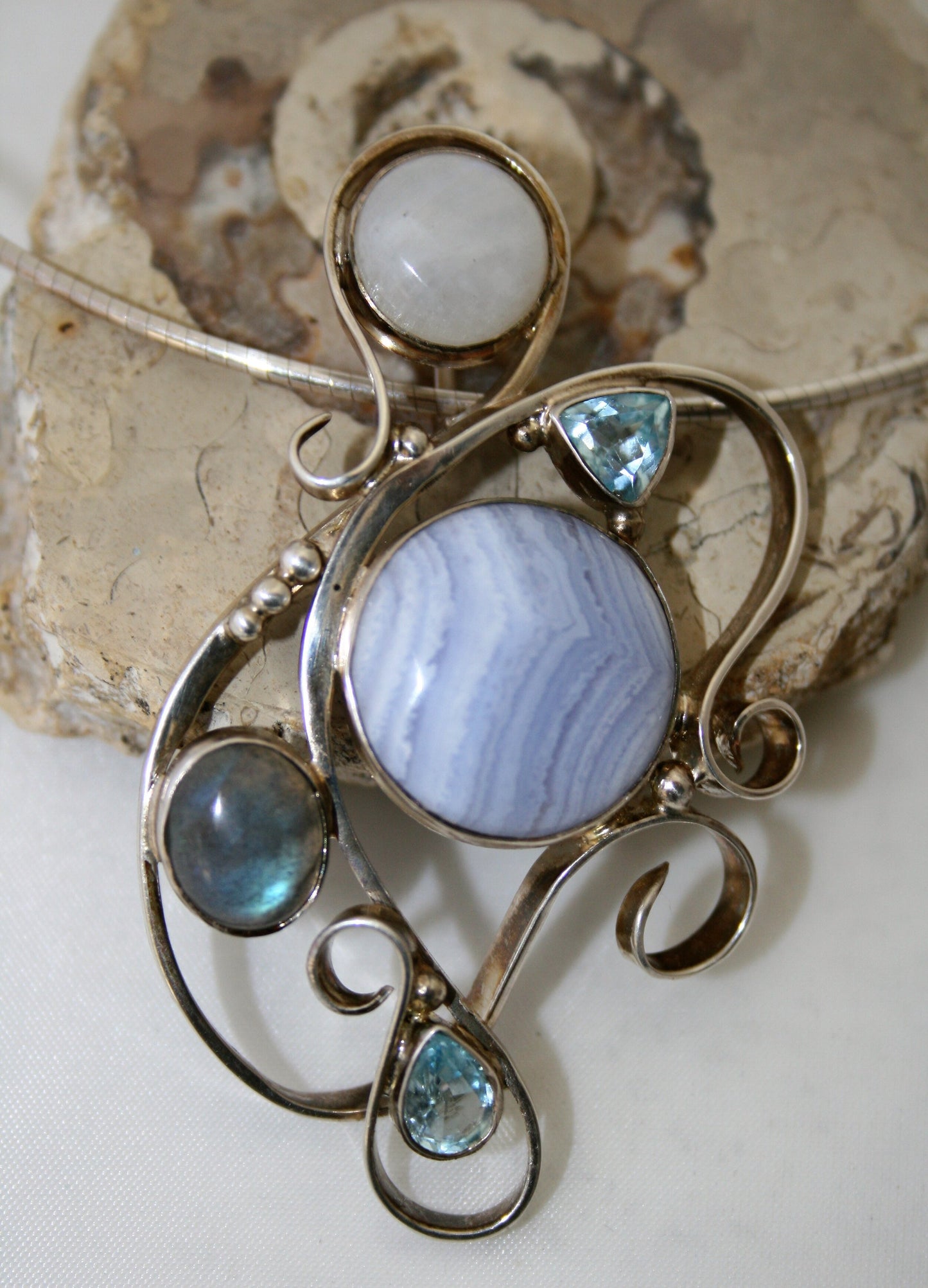 Helen West- Blue Lace Agate, Moonstone and Labrodite silver Swirl Pendant - Primrose Gallery