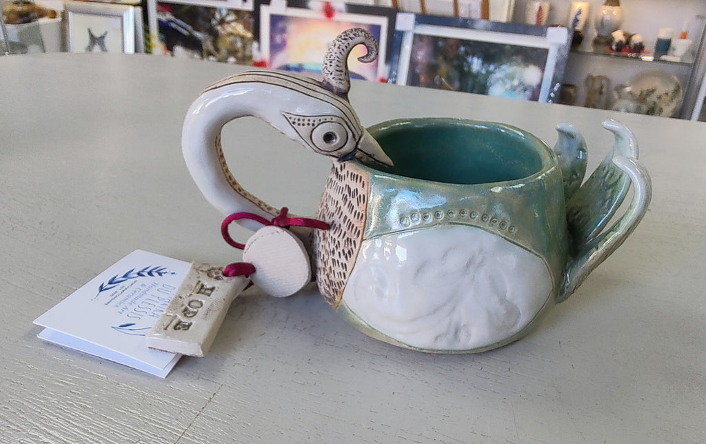 Marika Du Plessis- Bird Coffee Cup, Green and Cream - Primrose Gallery and Framing 