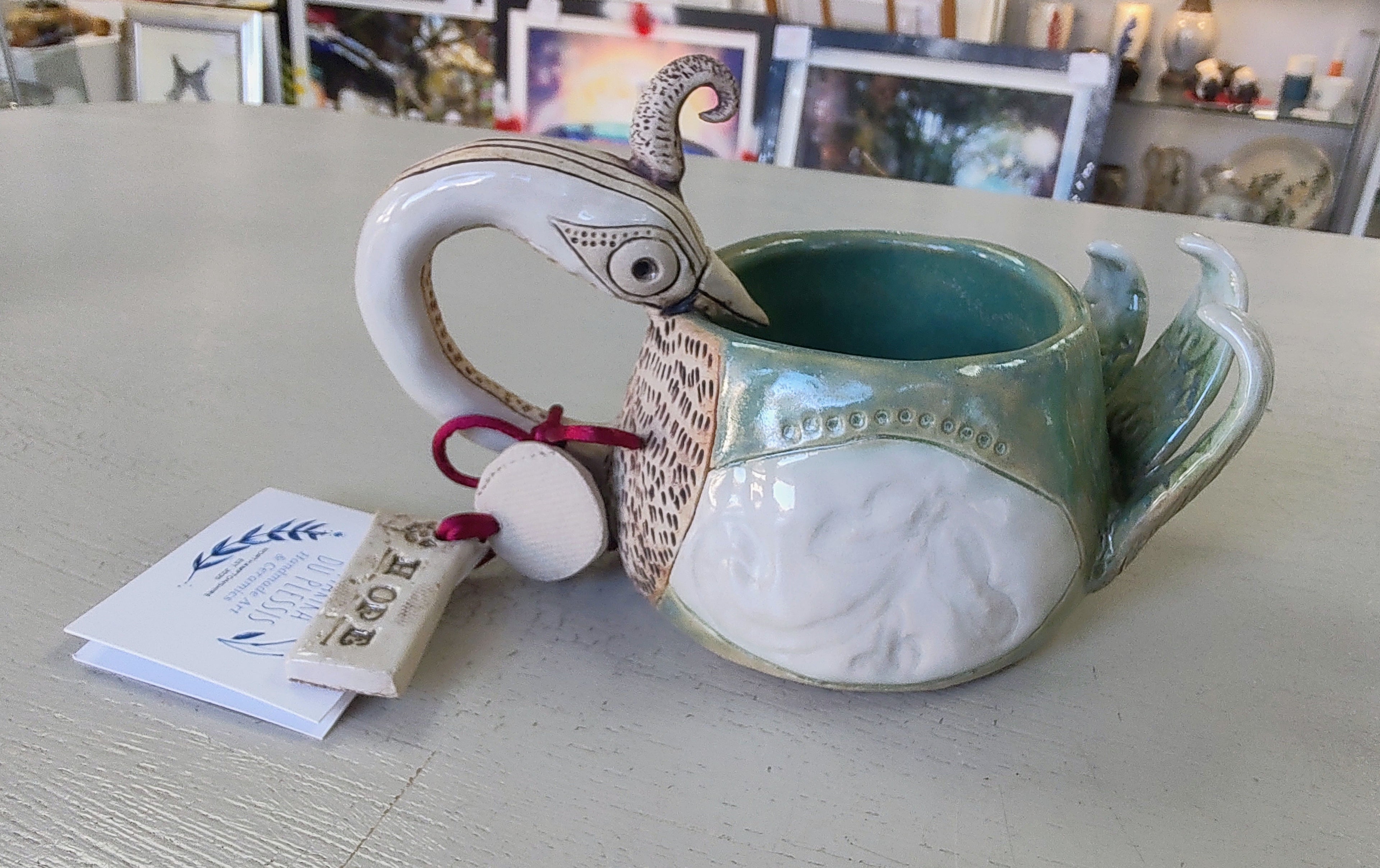 Marika Du Plessis- Bird Coffee Cup, Green and Cream - Primrose Gallery and Framing 