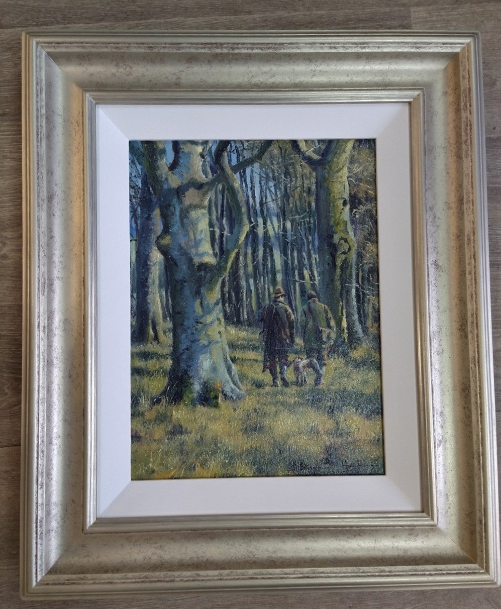 Stephen Hawkins - Homebound Walk, Oil on Board of 2 men returning home after a shoot - Primrose Gallery and Framing 