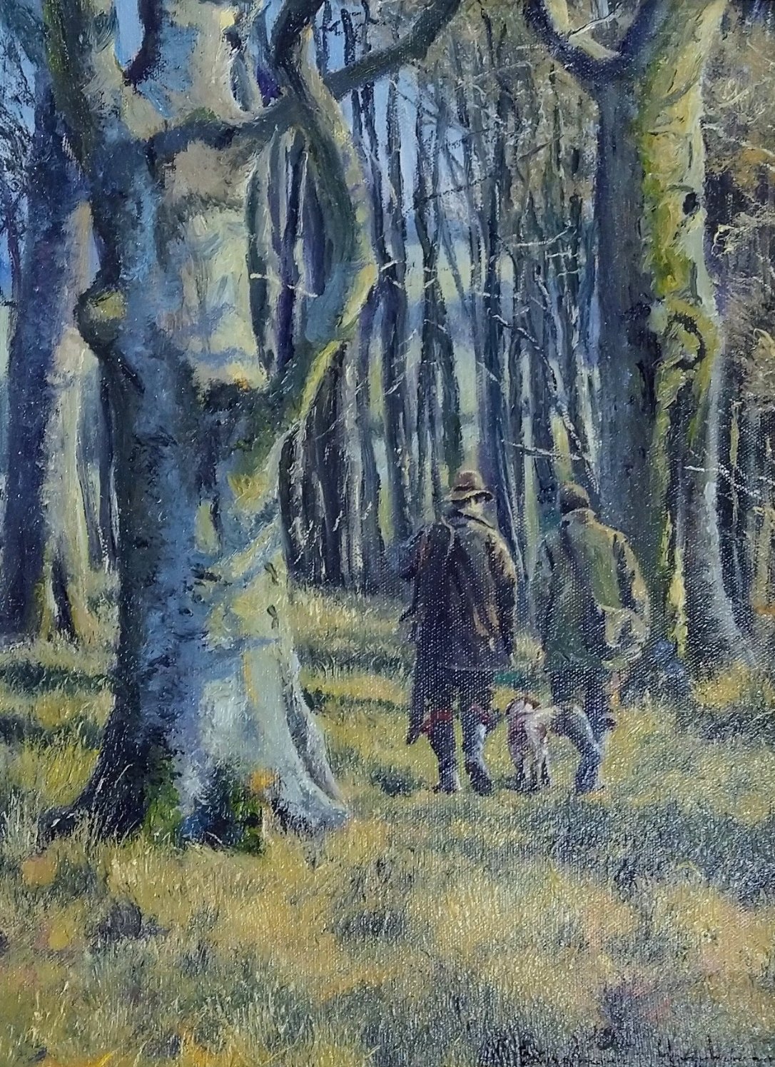 Stephen Hawkins - Homebound Walk, Oil on Board of 2 men returning home after a shoot