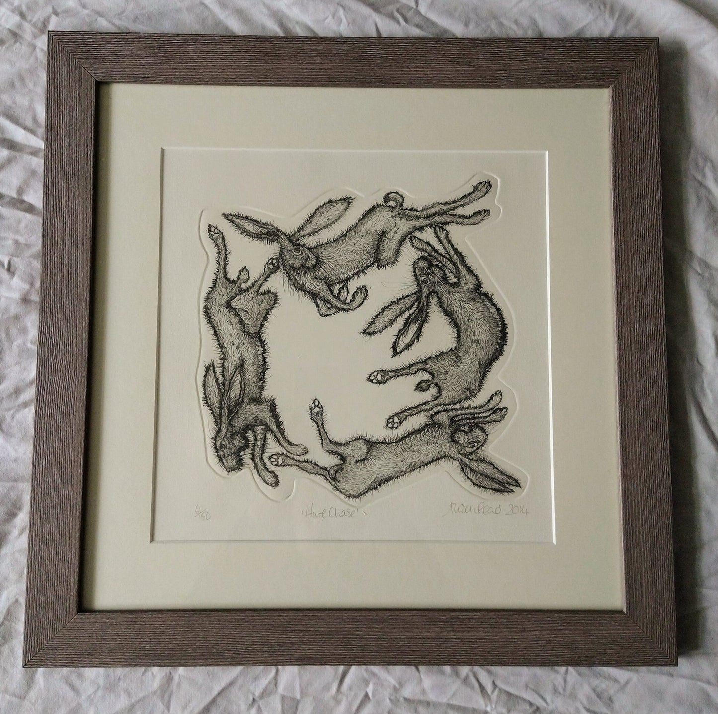 Alison Read - Original Etching of four hares playing- Hare Chase